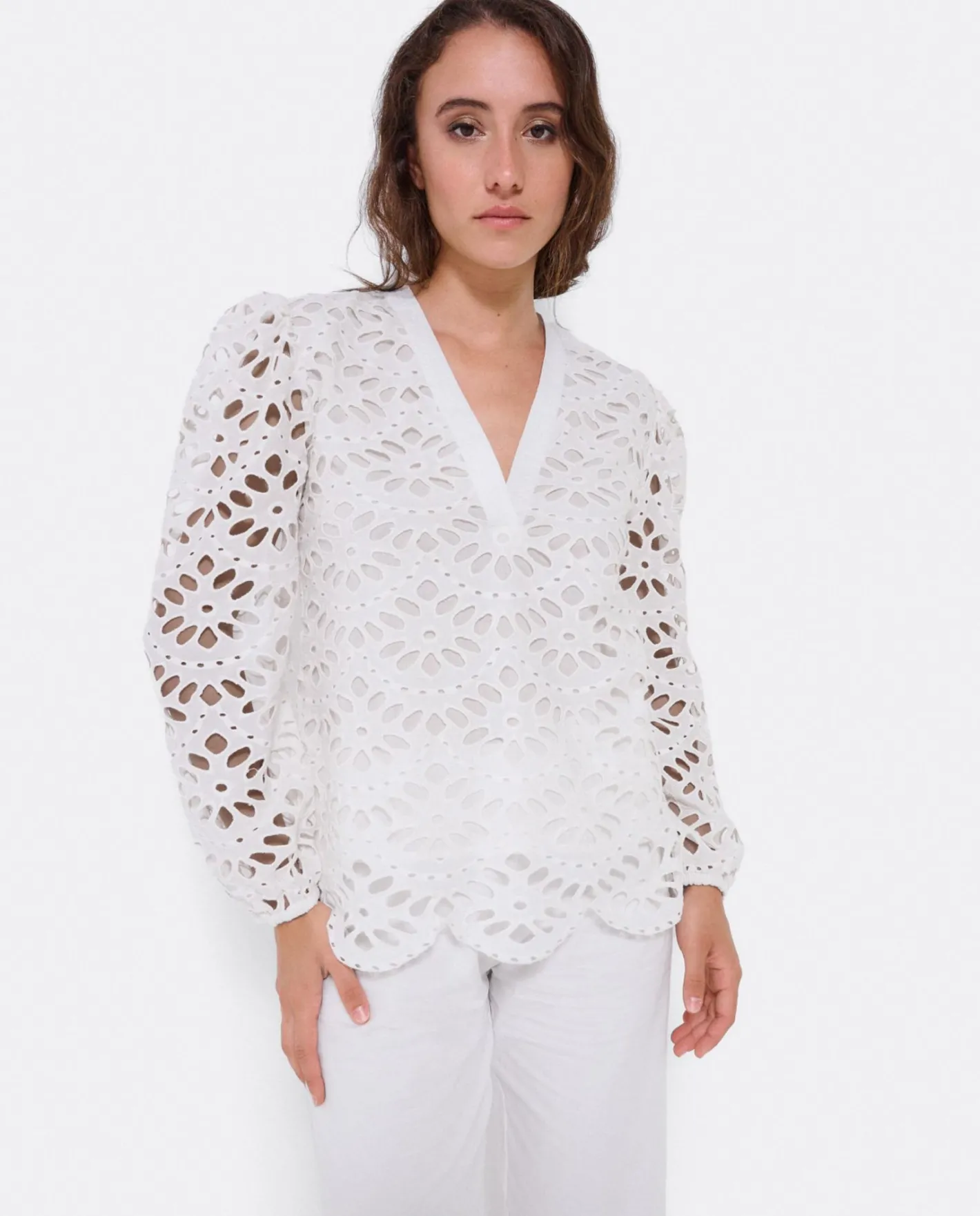 Cuplé Blusa Escote Pico Guipur Blanco^Mujer Camisas Y Tops