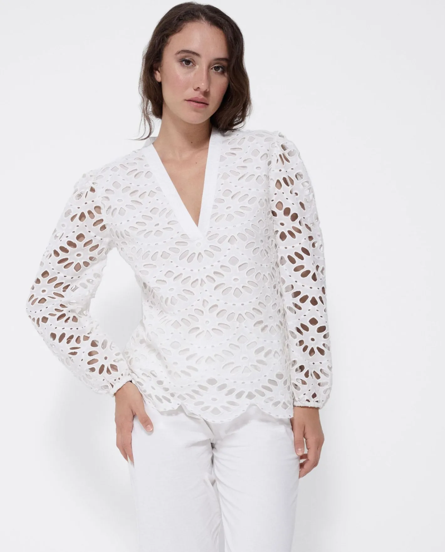 Cuplé Blusa Escote Pico Guipur Blanco^Mujer Camisas Y Tops