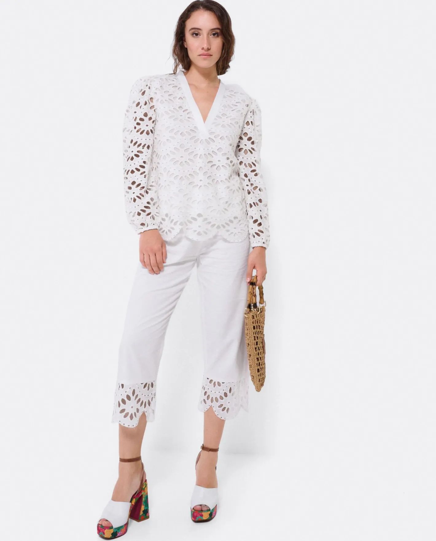 Cuplé Blusa Escote Pico Guipur Blanco^Mujer Camisas Y Tops