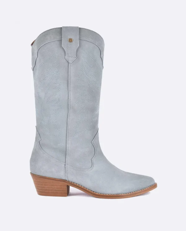 Cuplé Bota Cowboy Tacón Bajo Serraje Celeste^Mujer Botas Y Botines