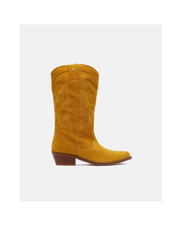 Cuplé Bota Cowboy Tacón Bajo Serraje Mostaza^Mujer Botas Y Botines