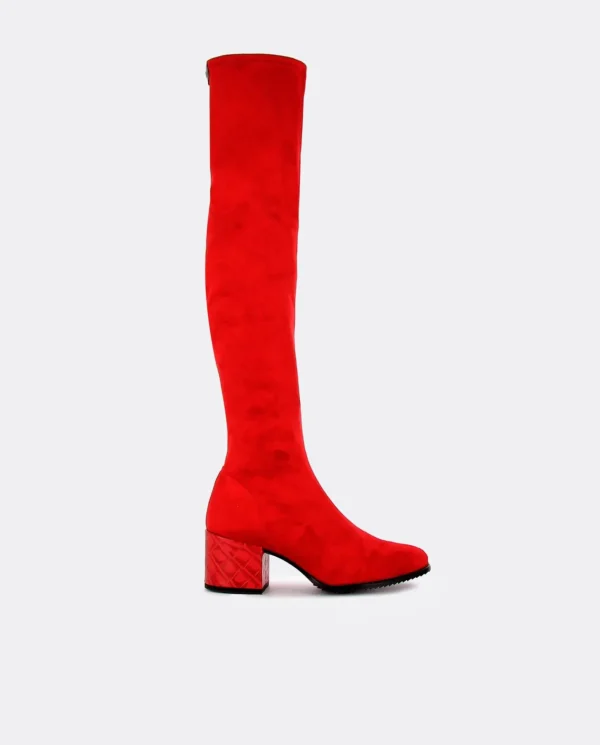 Cuplé Bota Mosquetera Suede Strech Rojo Tacón Coco Rojo^Mujer Botas Y Botines