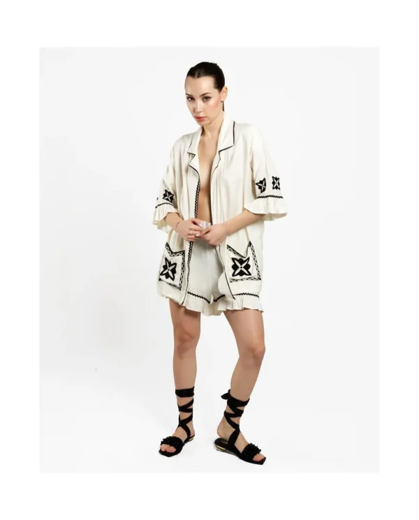 Cuplé Camisa Bolsillos Bordados Jacquard Blanco^Mujer Camisas Y Tops