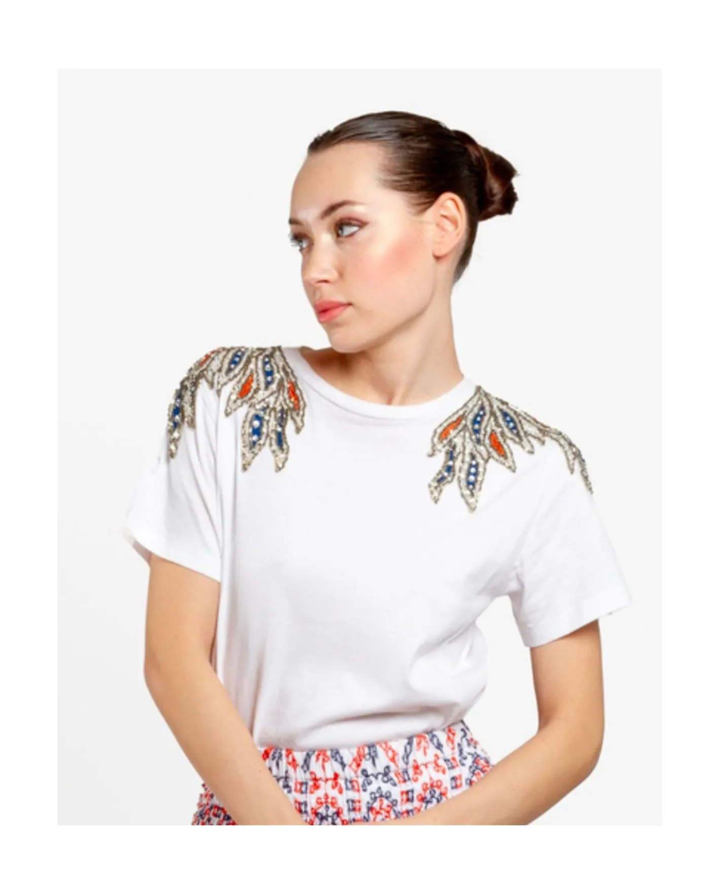 Cuplé Camiseta Hombros Bordados Punto Blanco^Mujer Camisas Y Tops