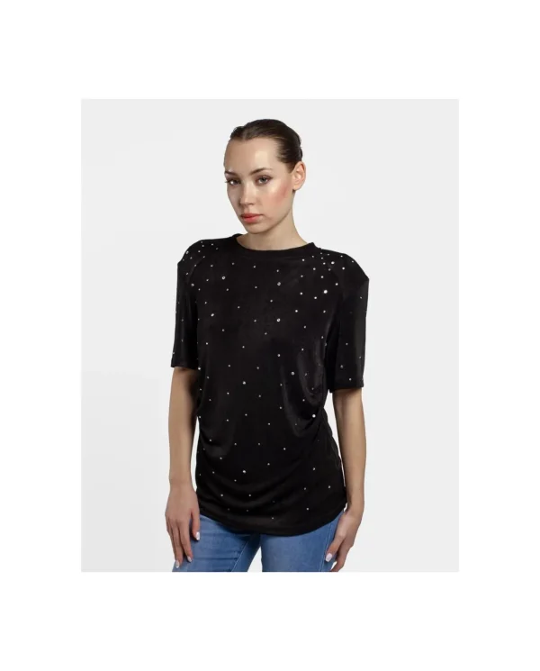 Cuplé Camiseta Strass Punto Negro^Mujer Camisas Y Tops