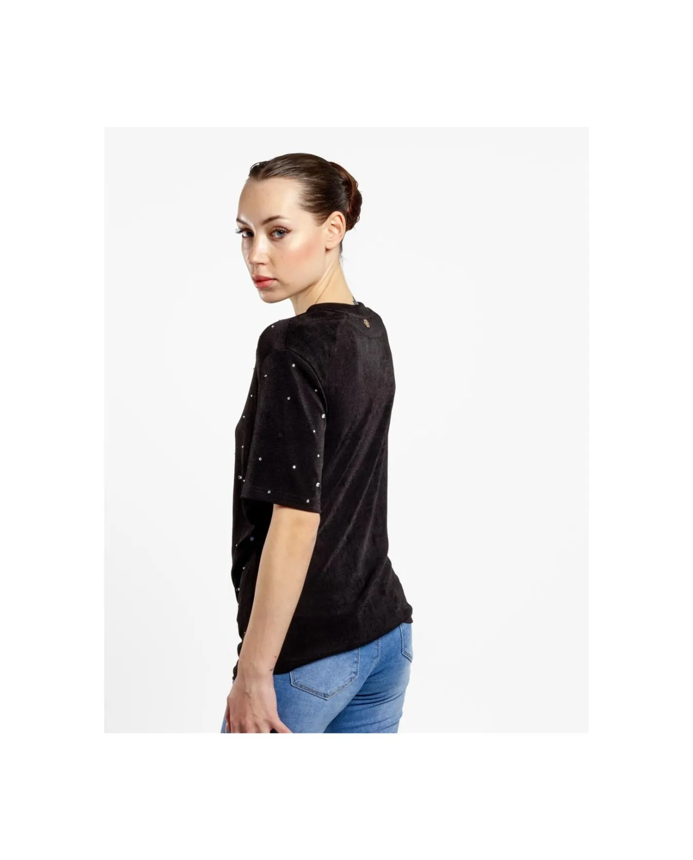 Cuplé Camiseta Strass Punto Negro^Mujer Camisas Y Tops