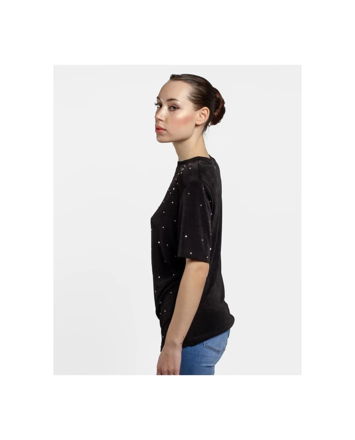 Cuplé Camiseta Strass Punto Negro^Mujer Camisas Y Tops
