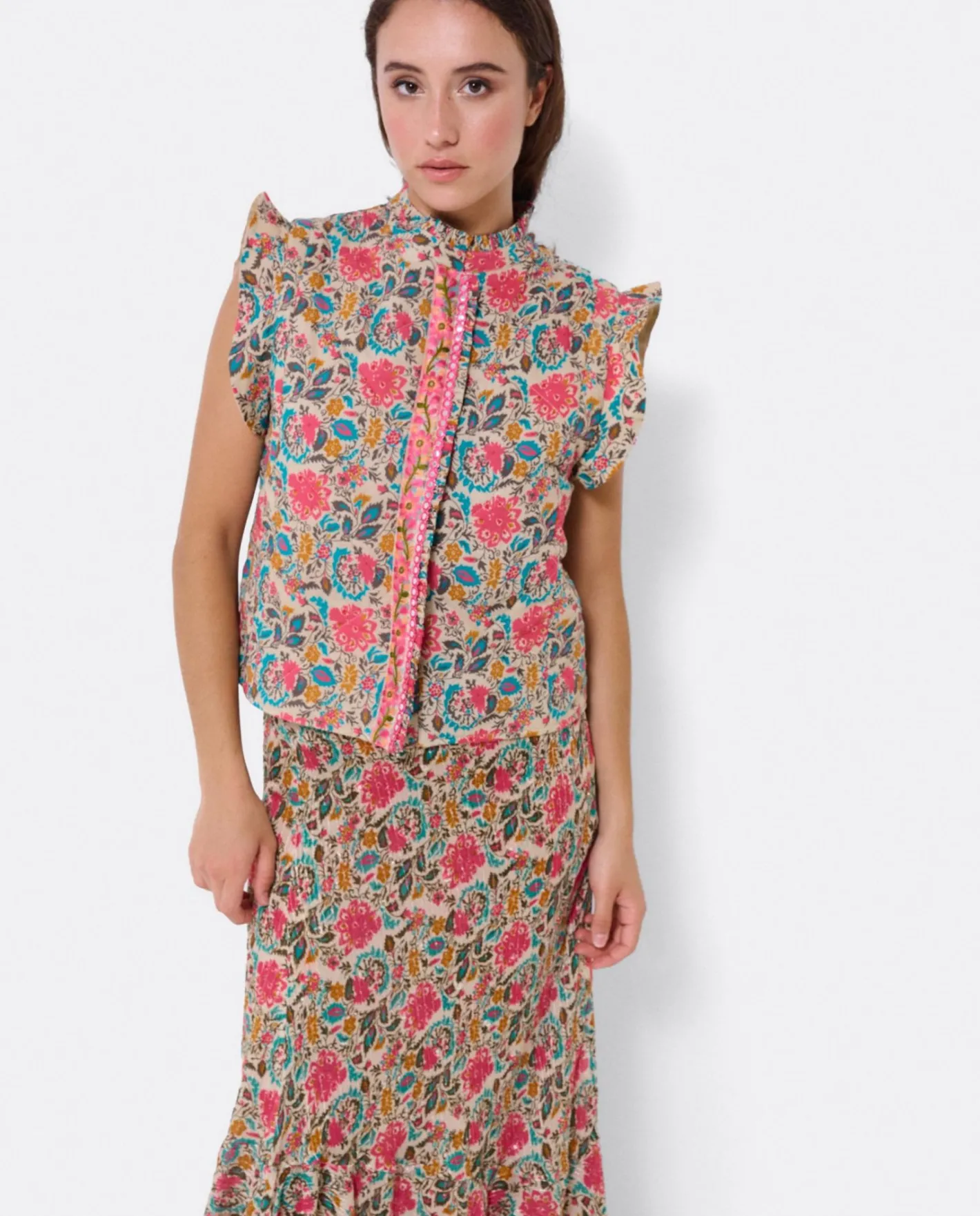 Cuplé Chaleco Volantes Algodon Flores Beig^Mujer Chaquetas Y Abrigos