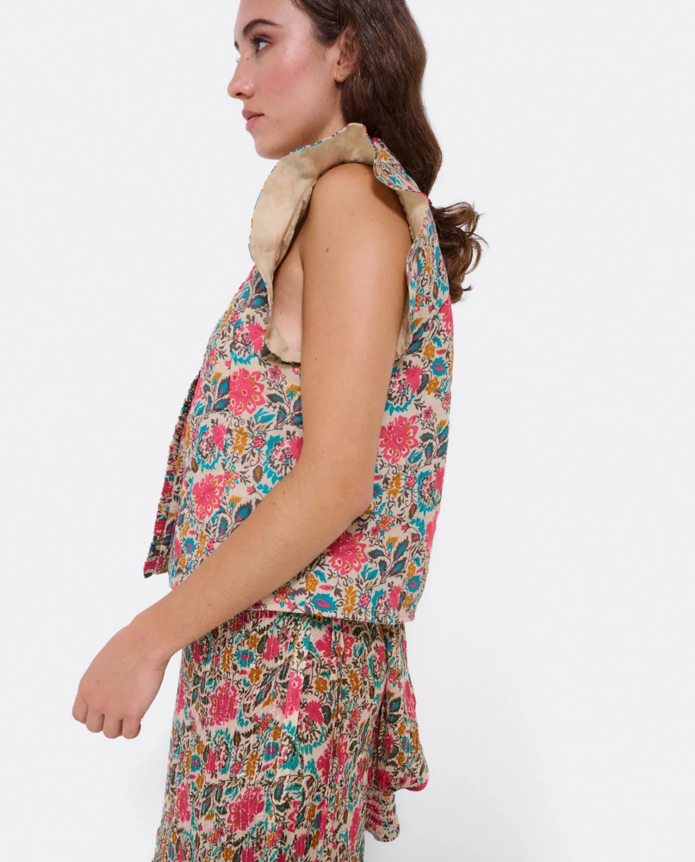 Cuplé Chaleco Volantes Algodon Flores Beig^Mujer Chaquetas Y Abrigos