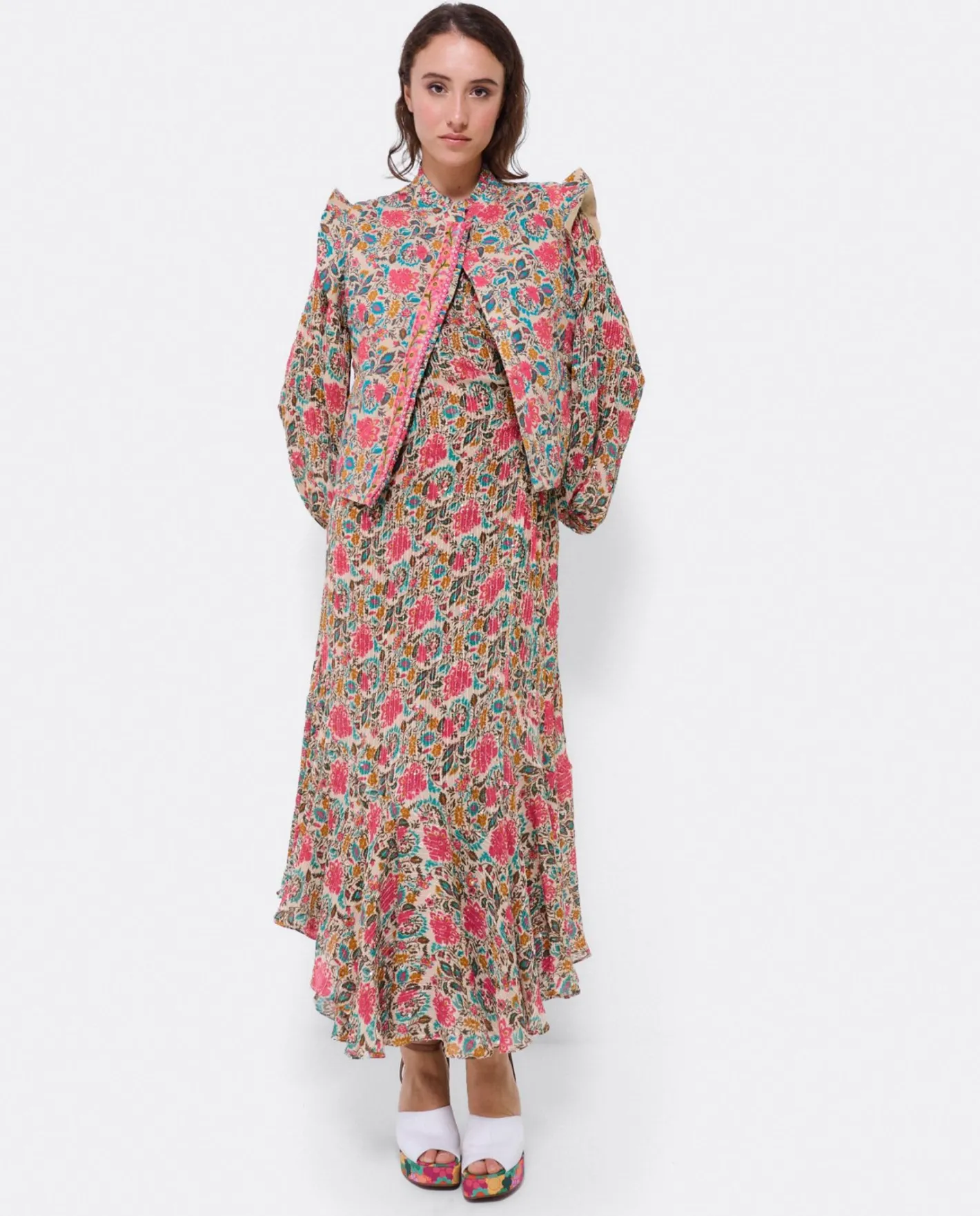 Cuplé Chaleco Volantes Algodon Flores Beig^Mujer Chaquetas Y Abrigos