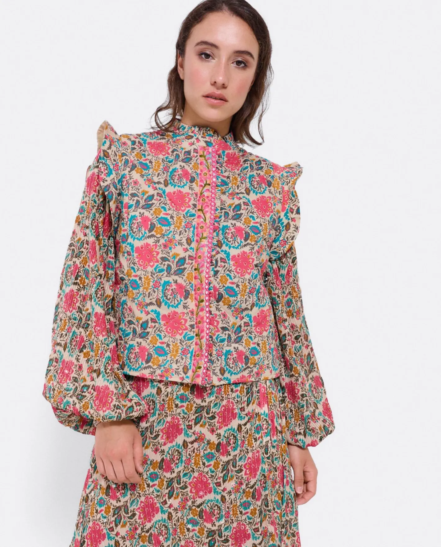 Cuplé Chaleco Volantes Algodon Flores Beig^Mujer Chaquetas Y Abrigos