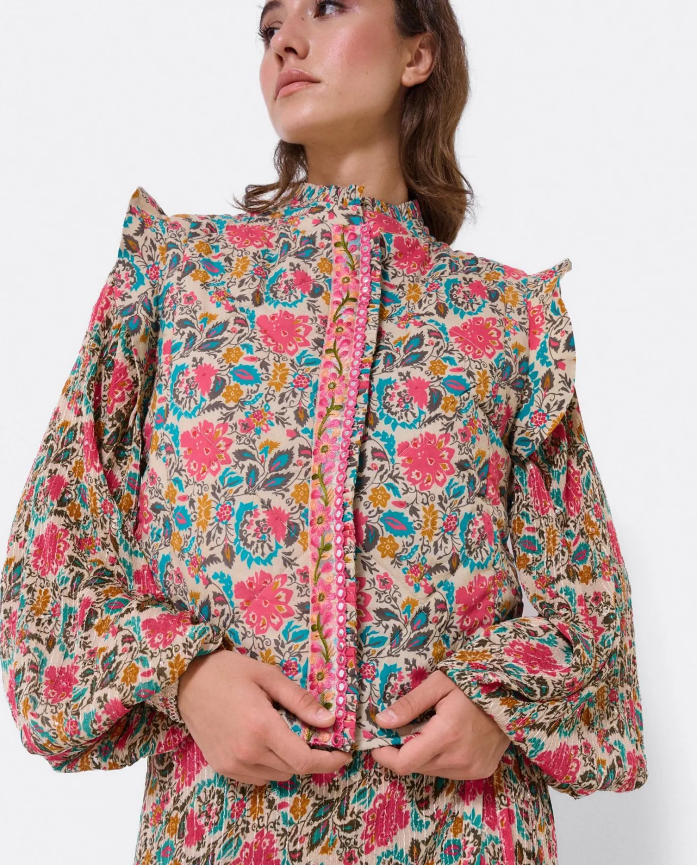 Cuplé Chaleco Volantes Algodon Flores Beig^Mujer Chaquetas Y Abrigos