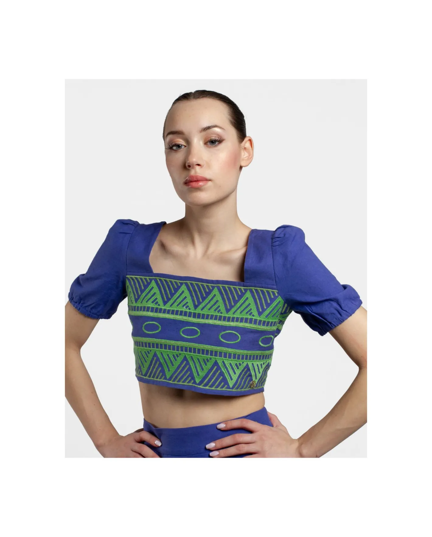Cuplé Crop Top Manga Algodon Azul^Mujer Camisas Y Tops