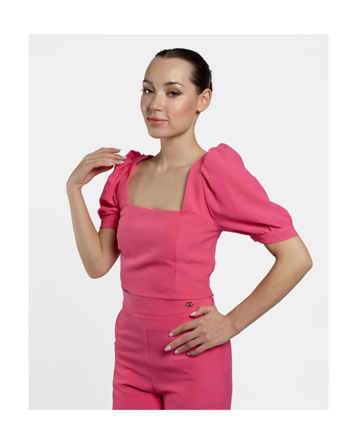 Cuplé Crop Top Mangas Abullonadas Crep Fucsia^Mujer Camisas Y Tops