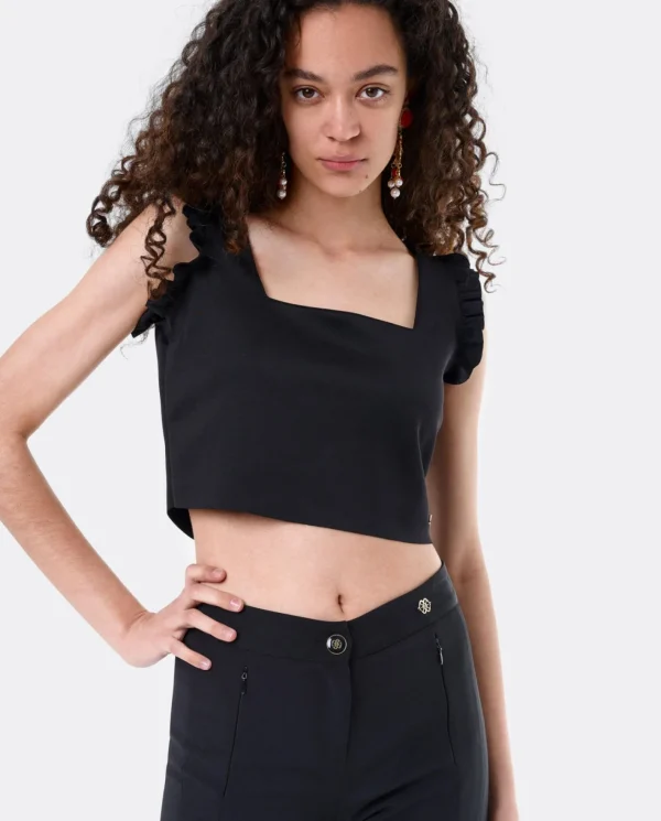 Cuplé Crop Top Volante Neopreno Negro^Mujer Camisas Y Tops