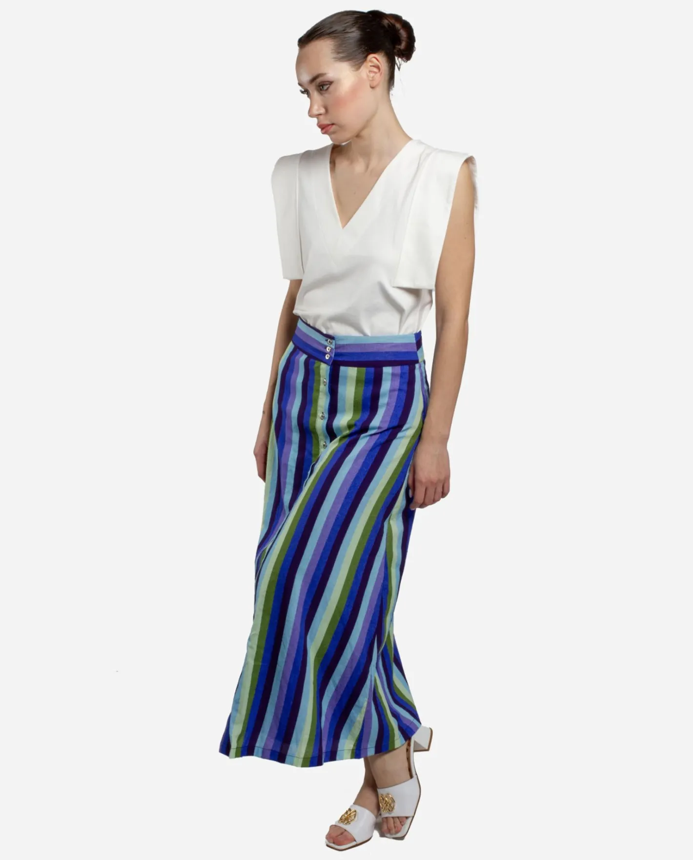 Cuplé Maxi Falda Botones Bord. Algodon Rayas Azul^Mujer Faldas