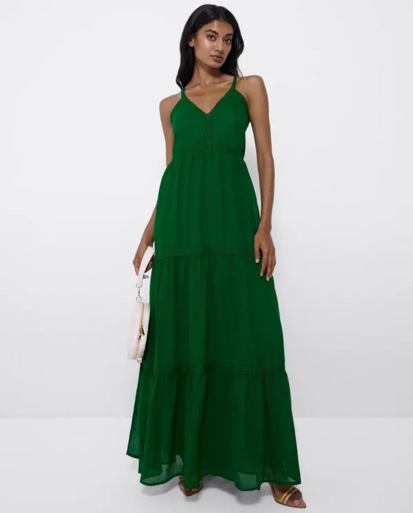 Cuplé Maxi Vestido Tirantes Encaje Algodon Verde^Mujer Vestidos