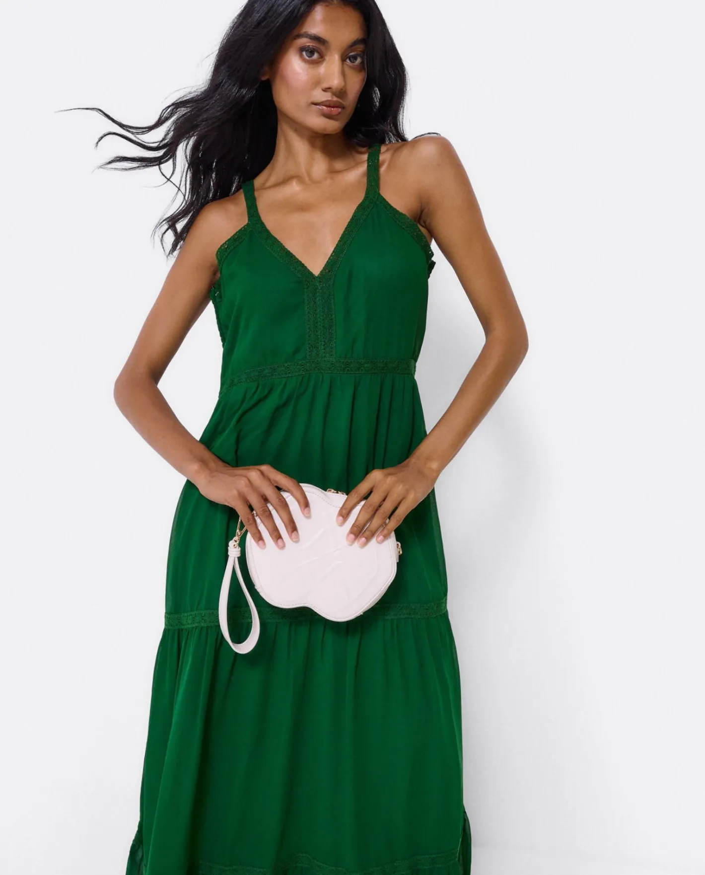 Cuplé Maxi Vestido Tirantes Encaje Algodon Verde^Mujer Vestidos