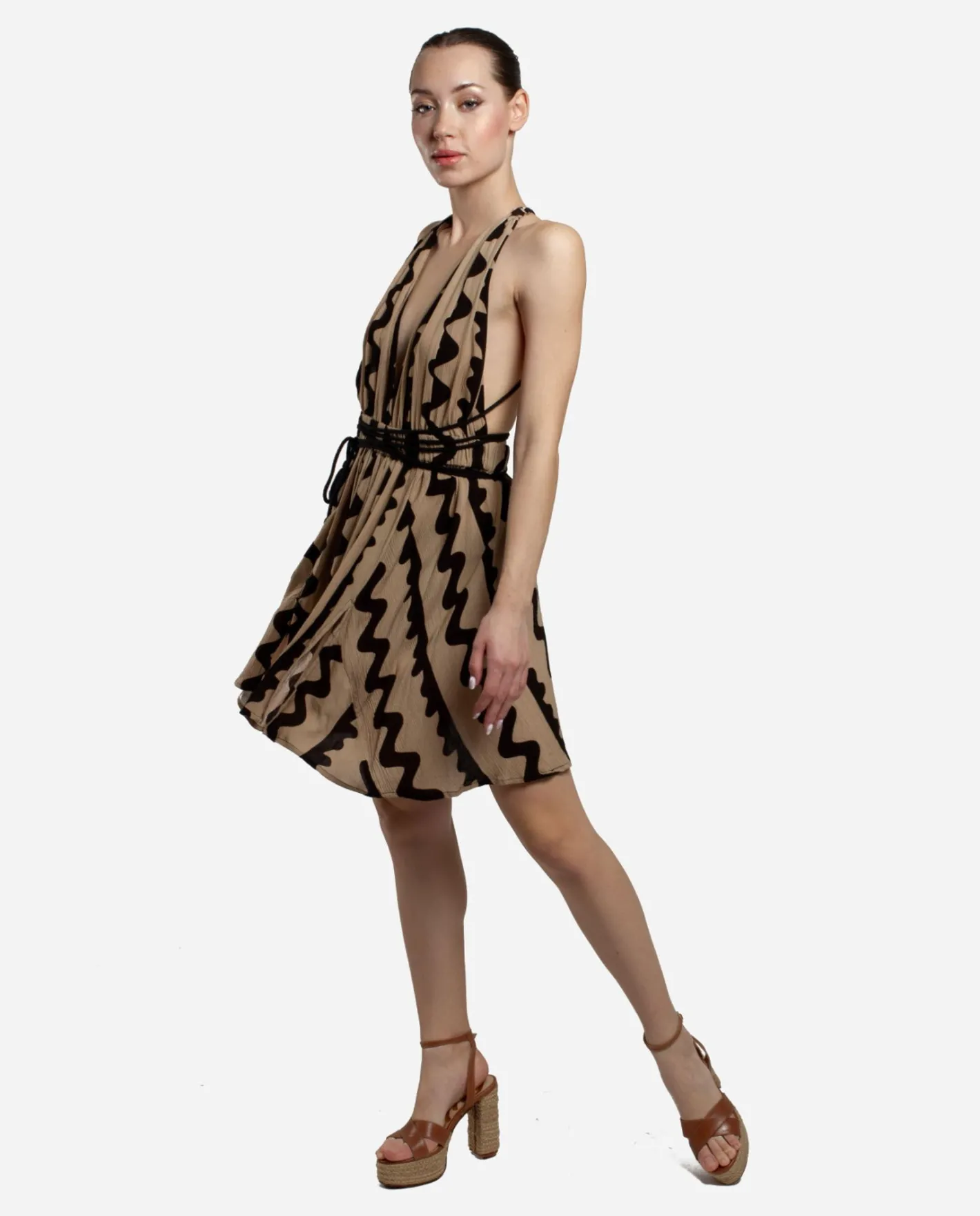 Cuplé Mini Vestido Cuerda Crep Negro/ Beige^Mujer Vestidos