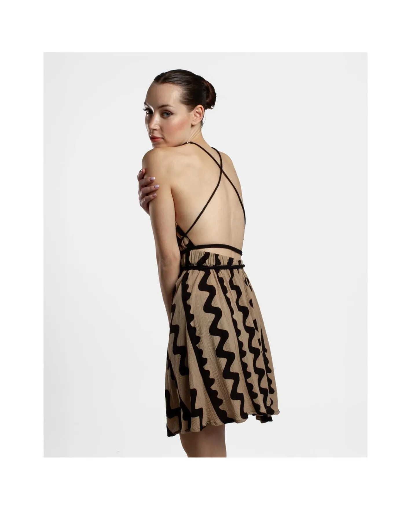 Cuplé Mini Vestido Cuerda Crep Negro/ Beige^Mujer Vestidos