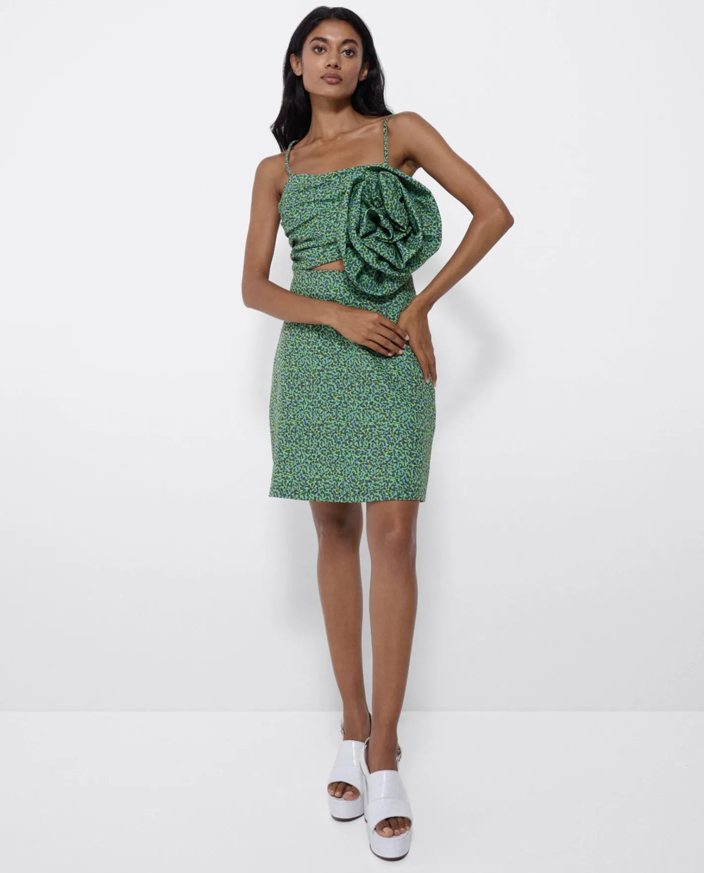 Cuplé Mini Vestido Flor Crep Leopardo Verde^Mujer Vestidos