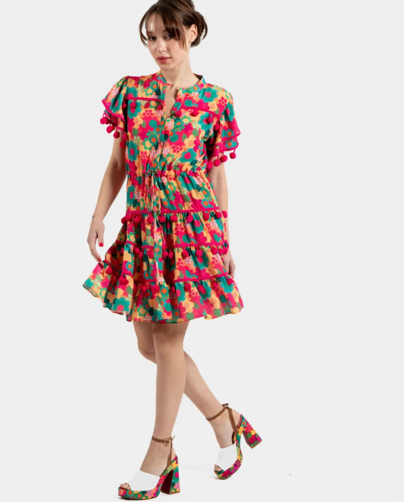 Cuplé Mini Vestido Pompones Saten Estampado Flores^Mujer Vestidos