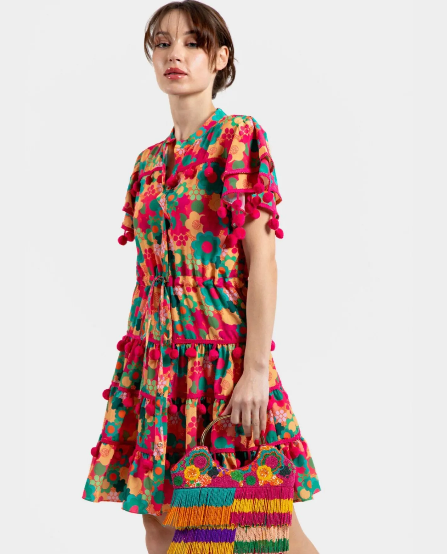 Cuplé Mini Vestido Pompones Saten Estampado Flores^Mujer Vestidos