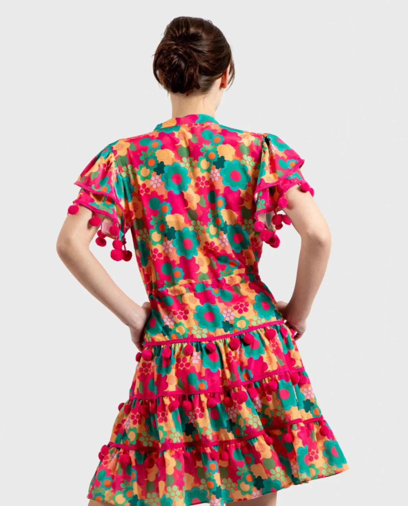 Cuplé Mini Vestido Pompones Saten Estampado Flores^Mujer Vestidos