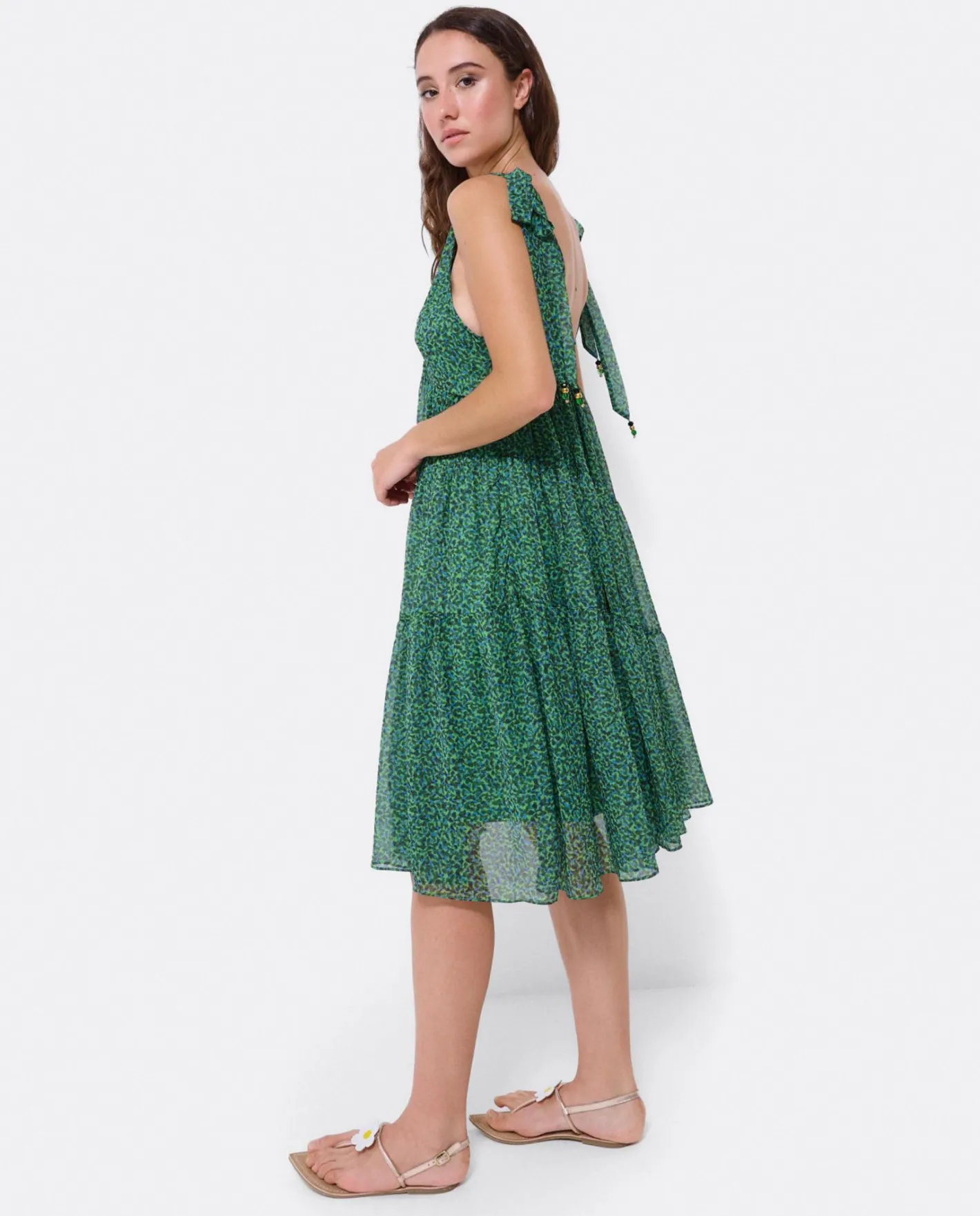 Cuplé Mini Vestido Vuelo Gasa Leopardo Verde^Mujer Vestidos