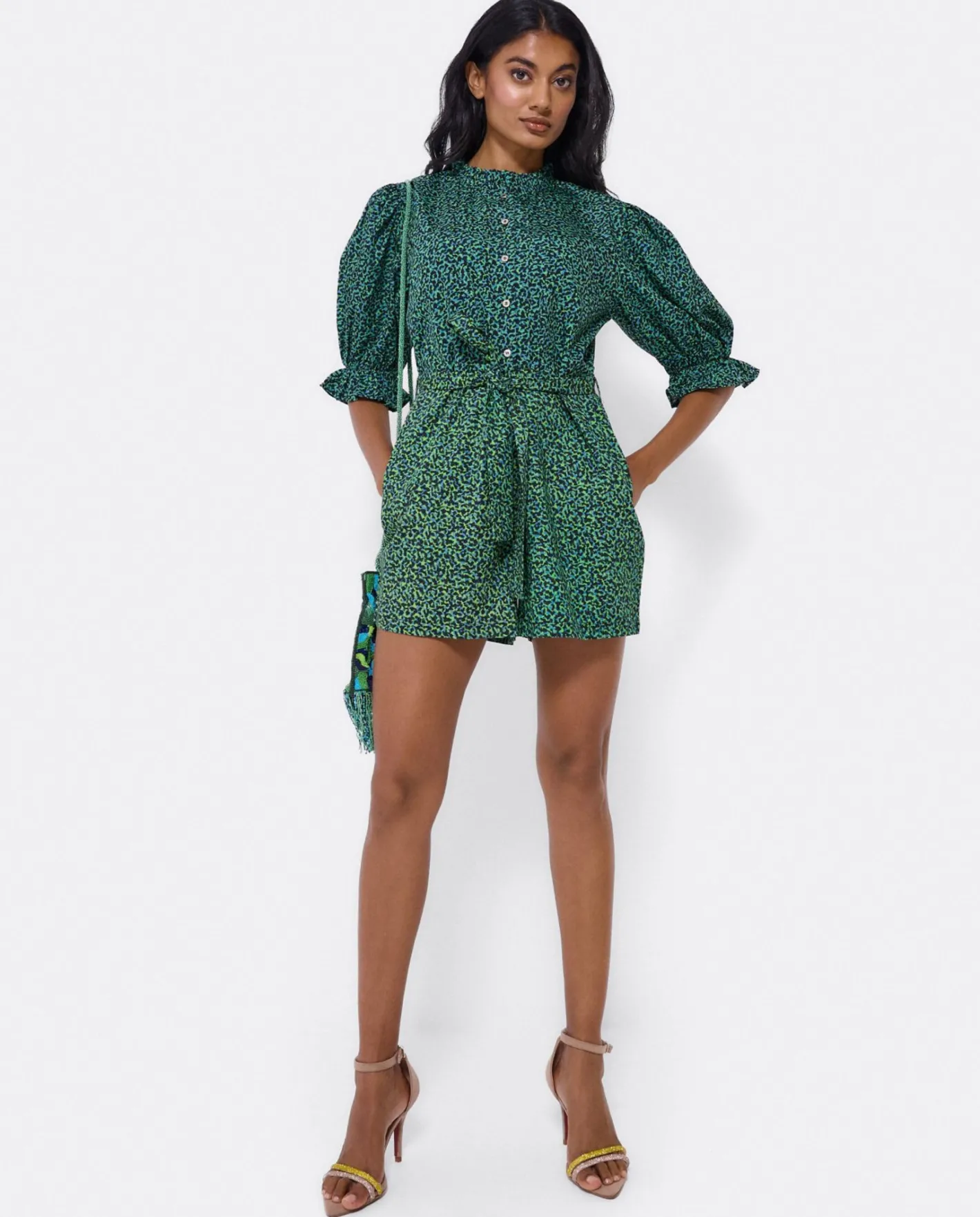 Cuplé Mono Corto Crep Leopardo Verde^Mujer Monos