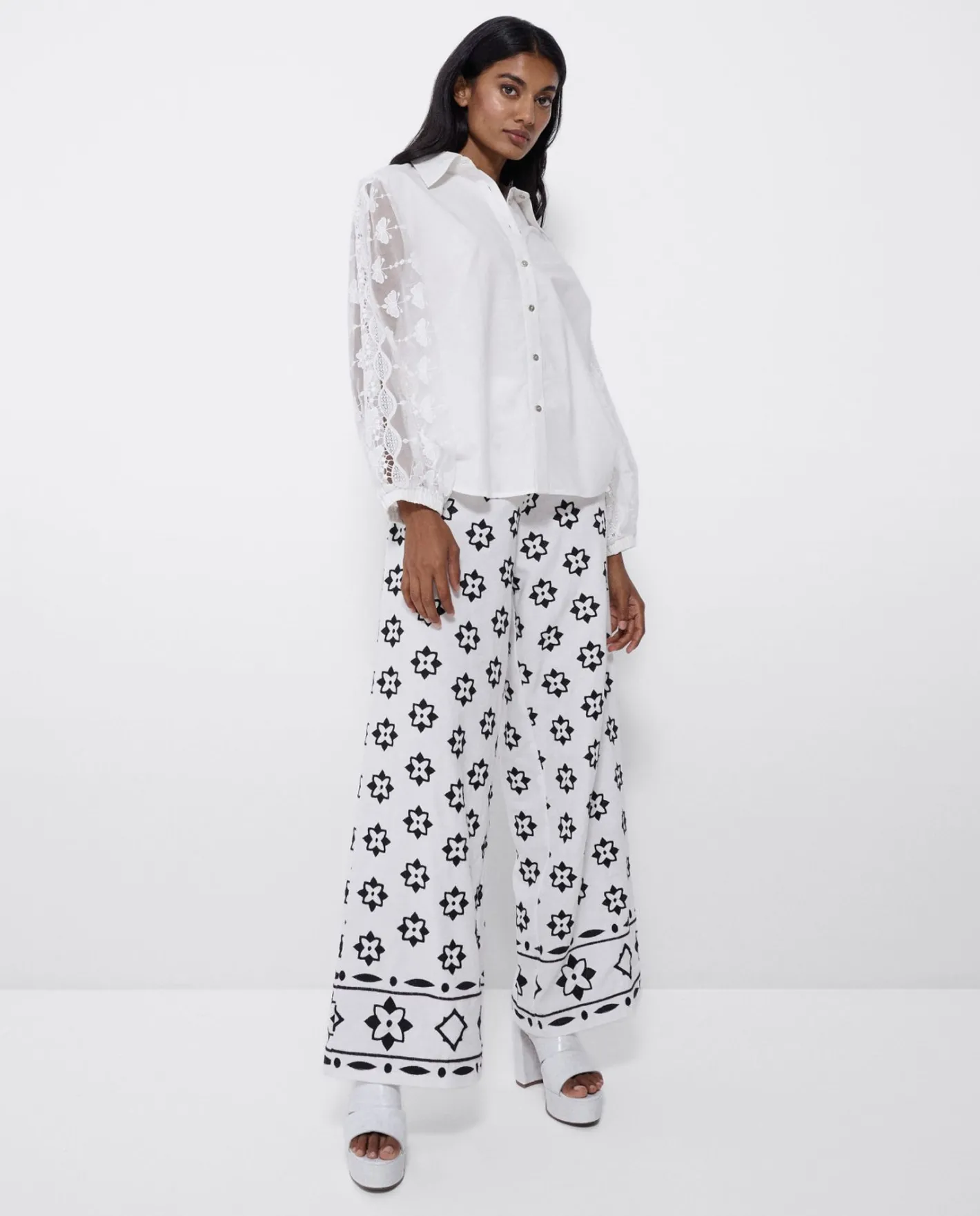 Cuplé Pantalon Bordado Cenefa Algodon Blanco^Mujer Pantalones