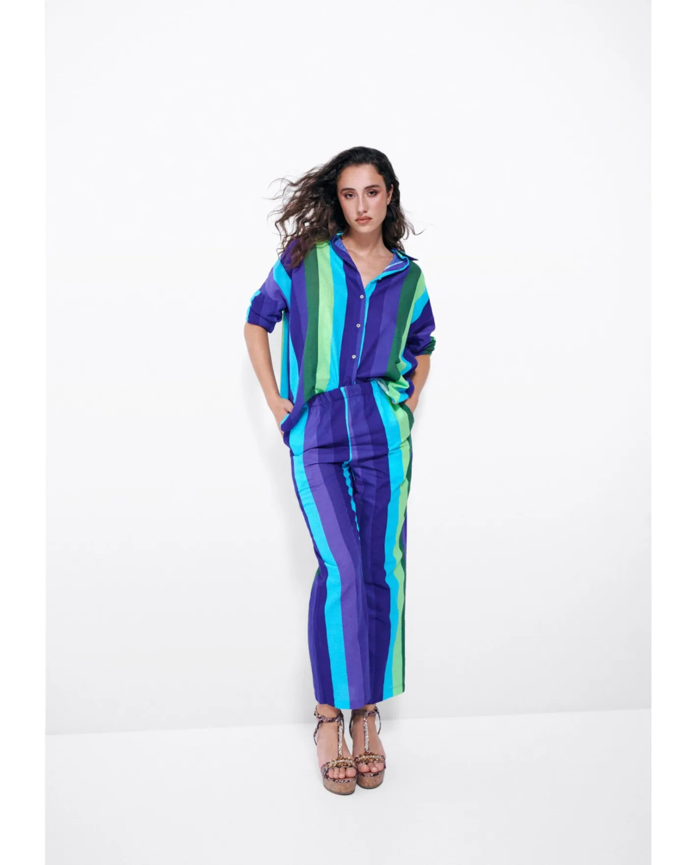 Cuplé Pantalon Recto Algodon Rayas Azul^Mujer Pantalones