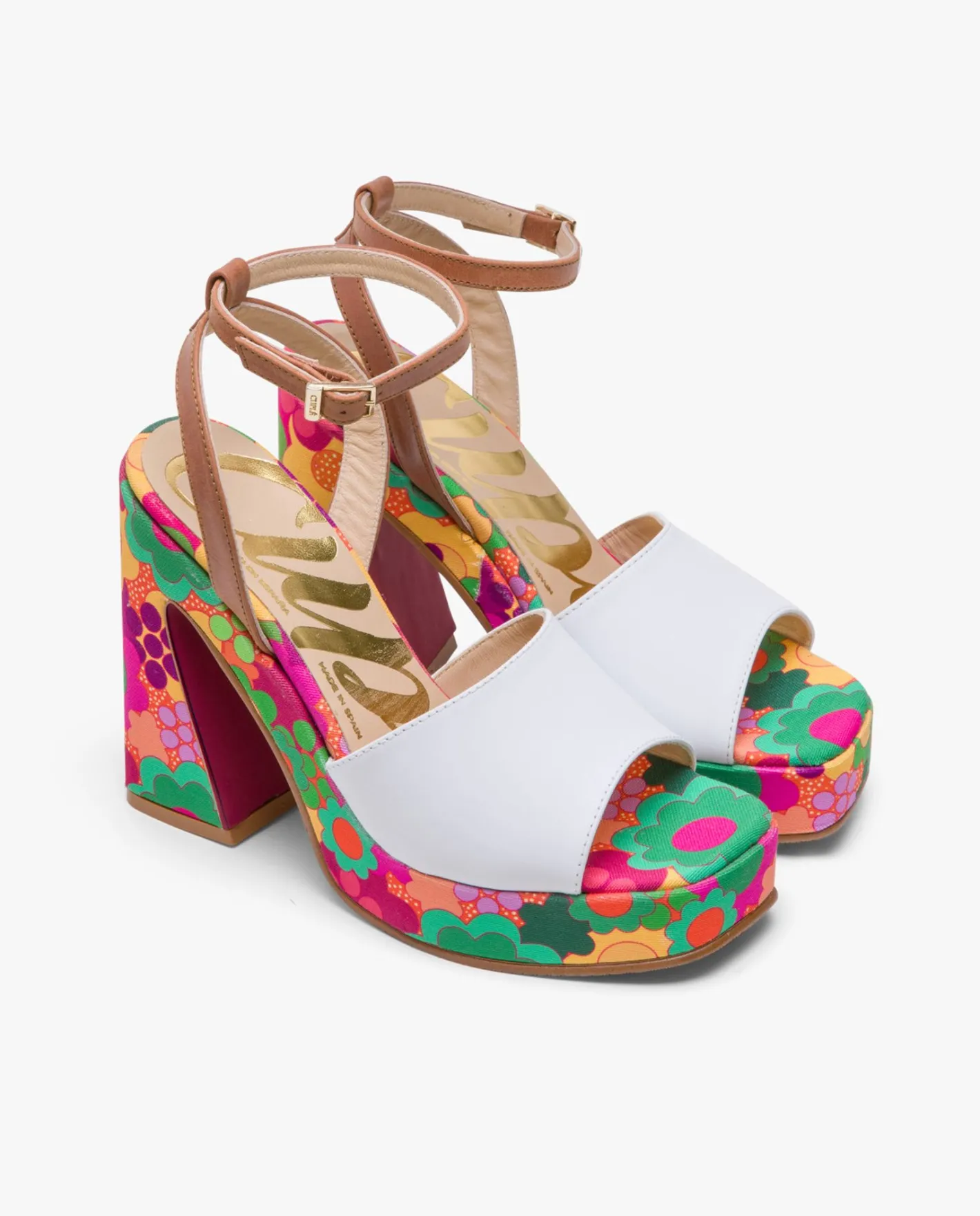 Cuplé Sandalia Flataforma Flores Piel Blanco^Mujer Sandalias
