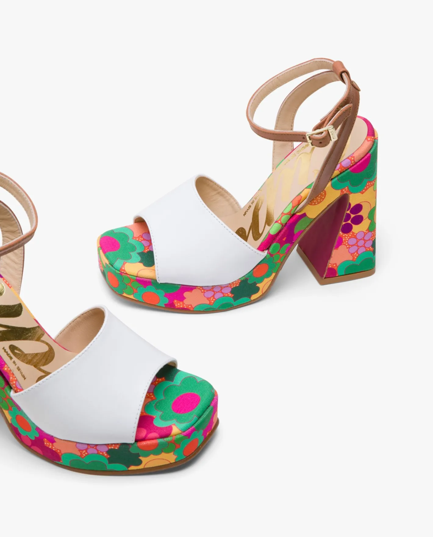 Cuplé Sandalia Flataforma Flores Piel Blanco^Mujer Sandalias