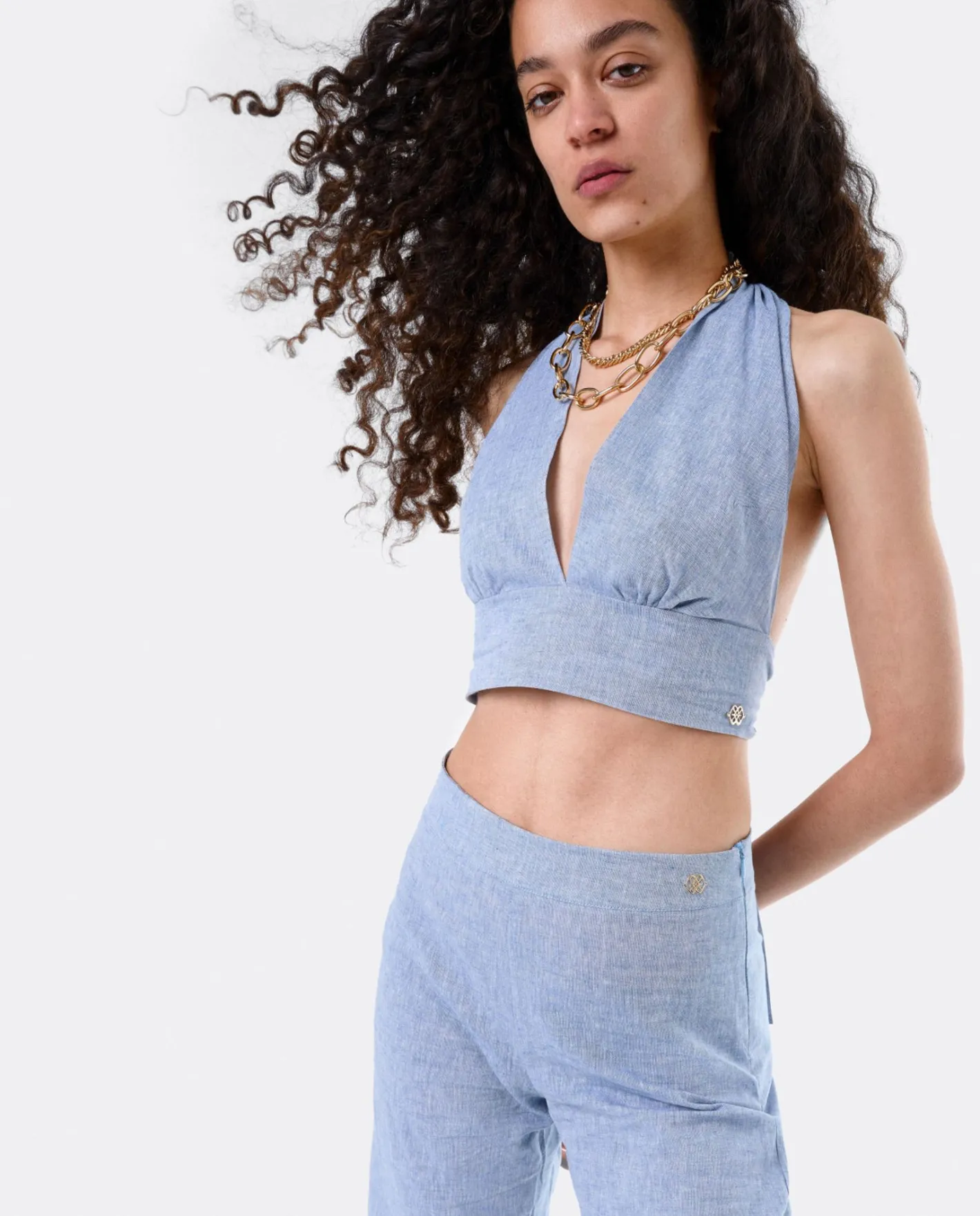 Cuplé Top Triangular Lino Azul^Mujer Camisas Y Tops