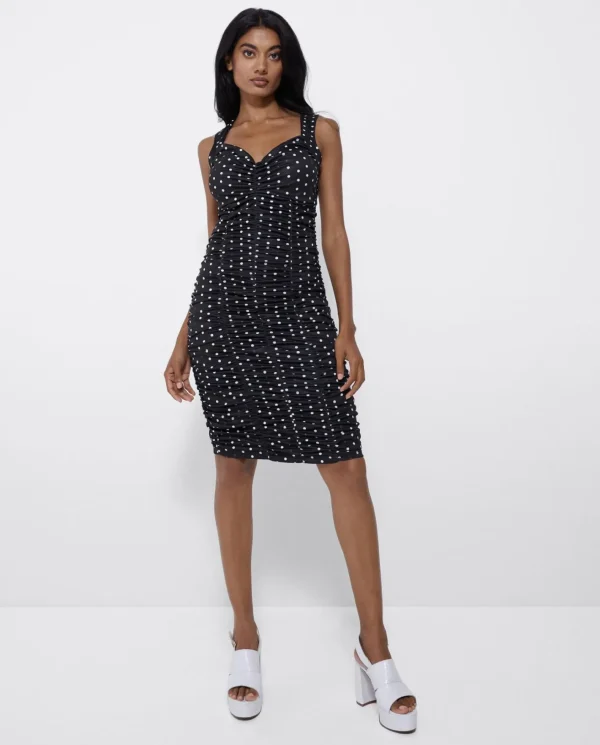 Cuplé Vestido Ajustado Drapeado Punto Lunares Blanco Neg^Mujer Vestidos