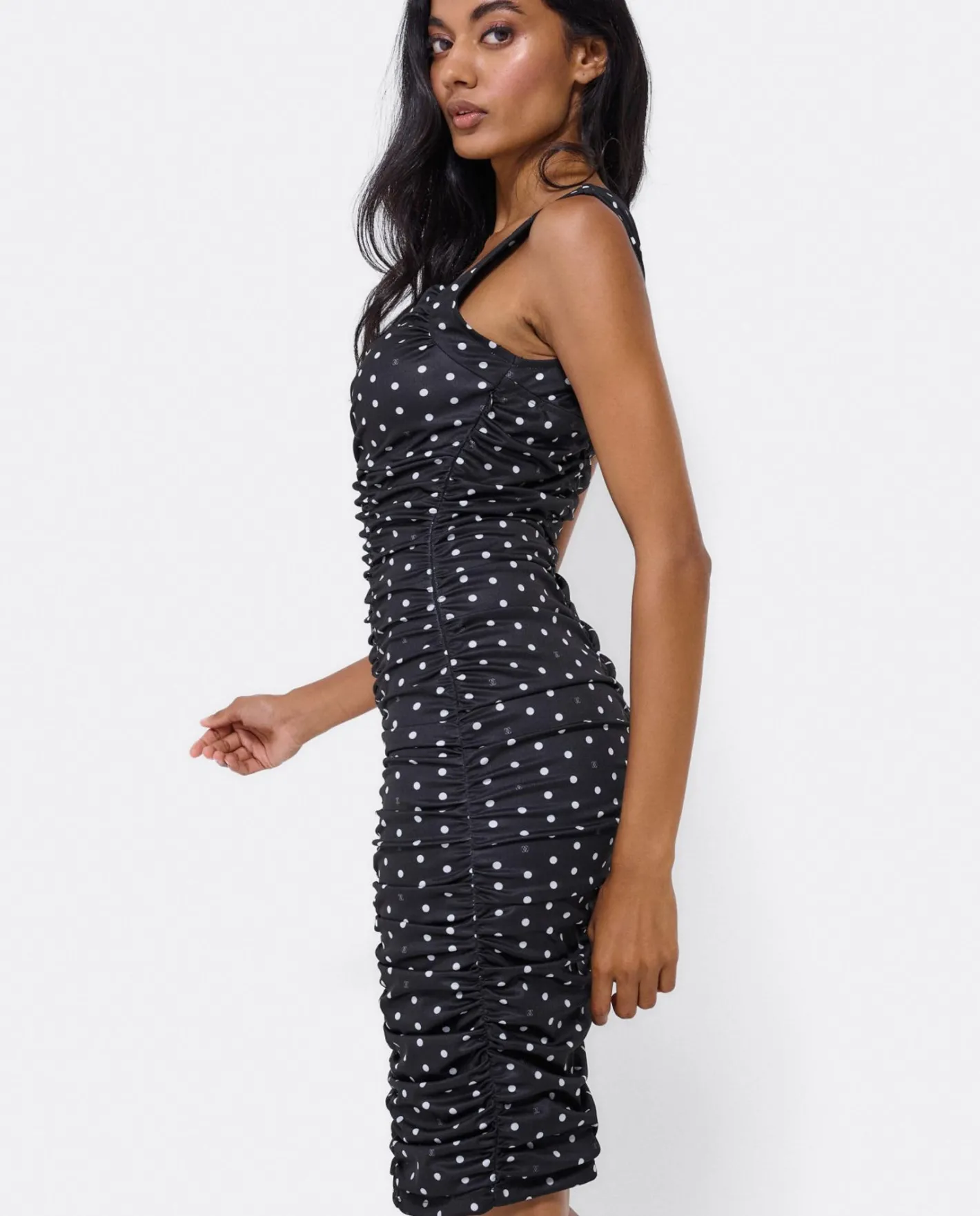 Cuplé Vestido Ajustado Drapeado Punto Lunares Blanco Neg^Mujer Vestidos