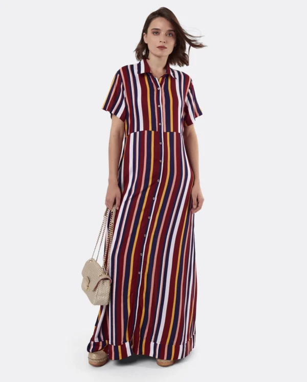 Cuplé Vestido Camisero Largo Viscosa Rayas Rojas^Mujer Vestidos