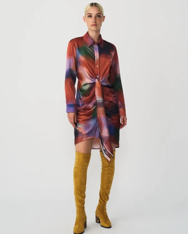 Cuplé Vestido Camisero Nudo Sedin Estampado Acuarela^Mujer Vestidos
