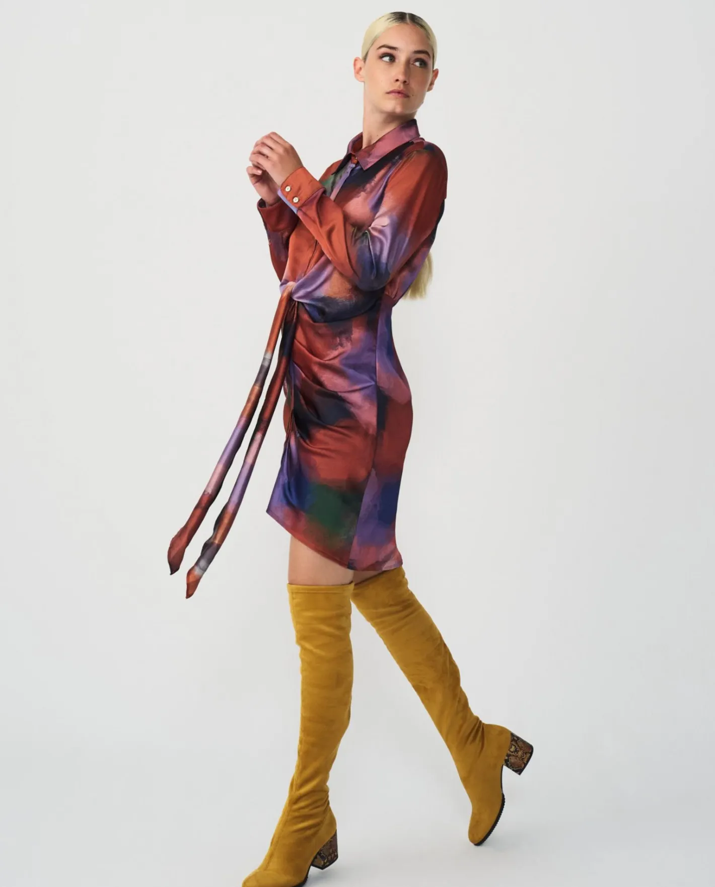 Cuplé Vestido Camisero Nudo Sedin Estampado Acuarela^Mujer Vestidos