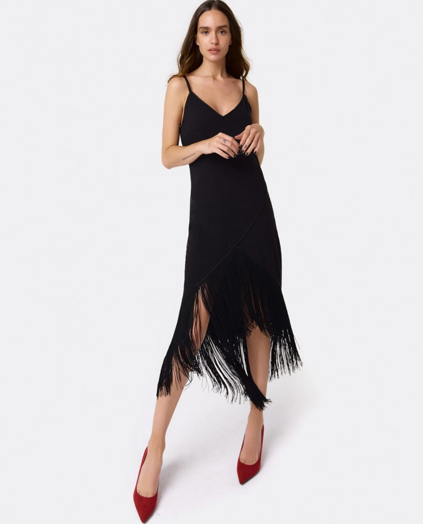 Cuplé Vestido Flecos Manila Crep Negro^Mujer Vestidos