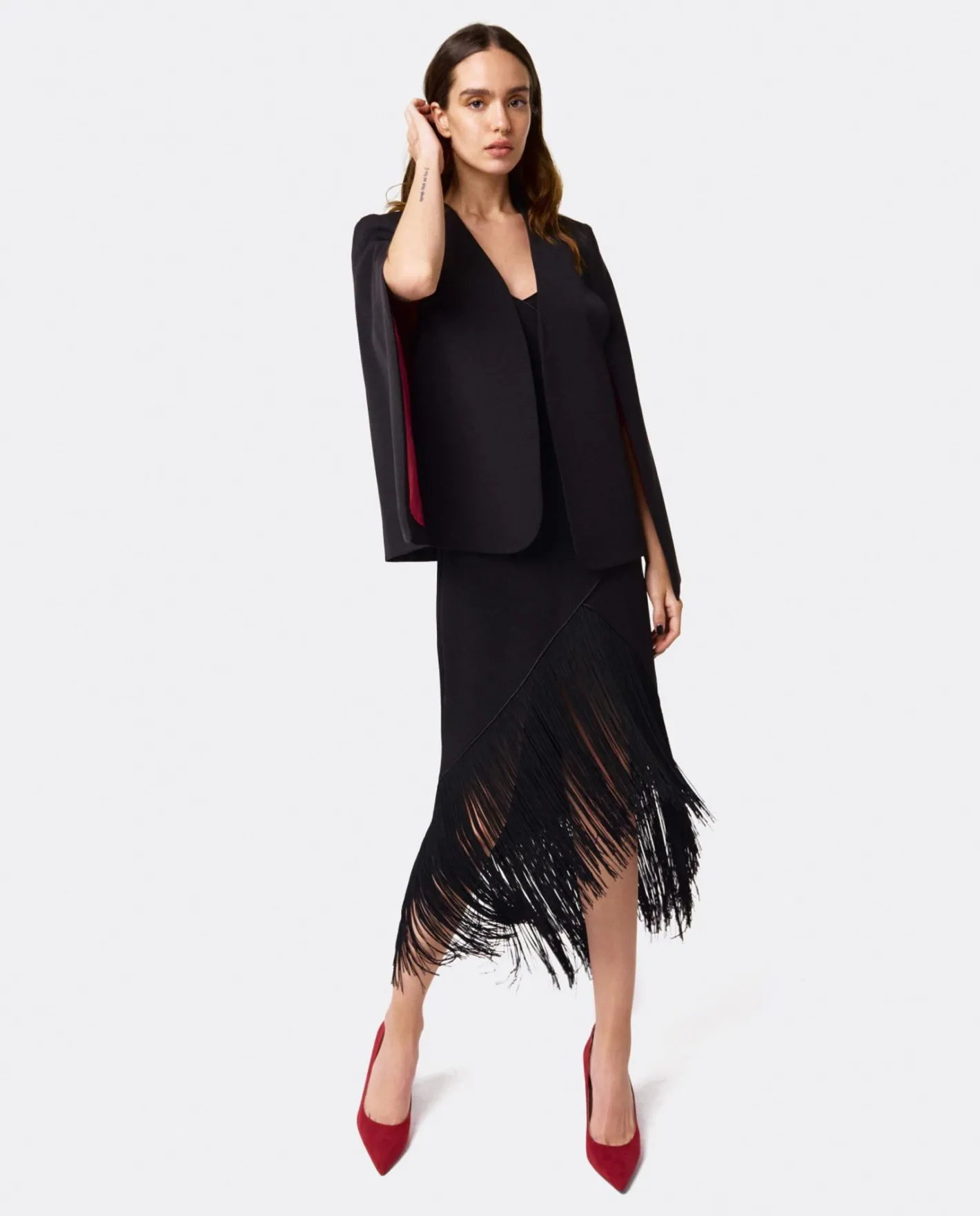 Cuplé Vestido Flecos Manila Crep Negro^Mujer Vestidos