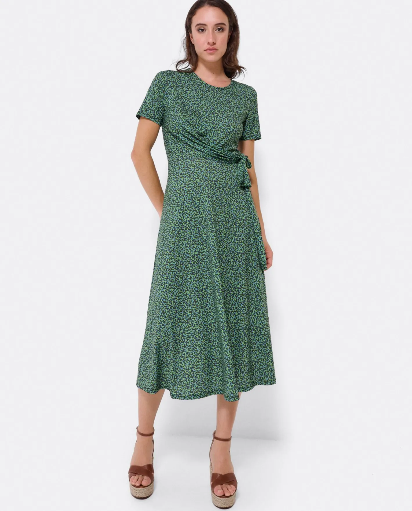 Cuplé Vestido Manga Corta Nudo Delantero Punto Leopardo^Mujer Vestidos