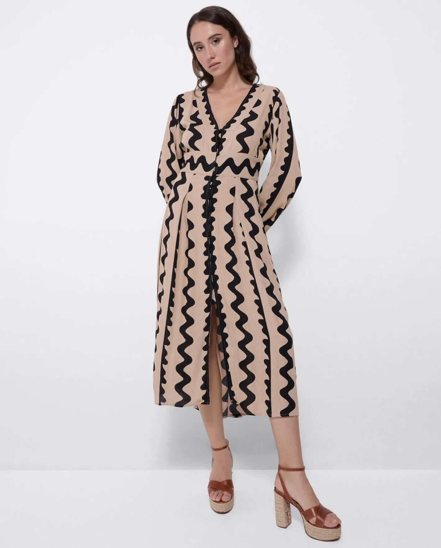 Cuplé Vestido Midi Botones Crep Beig^Mujer Vestidos