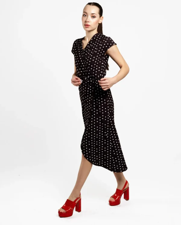 Cuplé Vestido Midi Cruzado Crep Lunares Blanco Negro^Mujer Vestidos