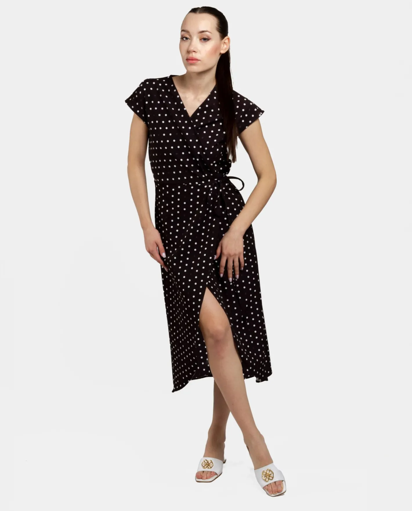 Cuplé Vestido Midi Cruzado Crep Lunares Blanco Negro^Mujer Vestidos