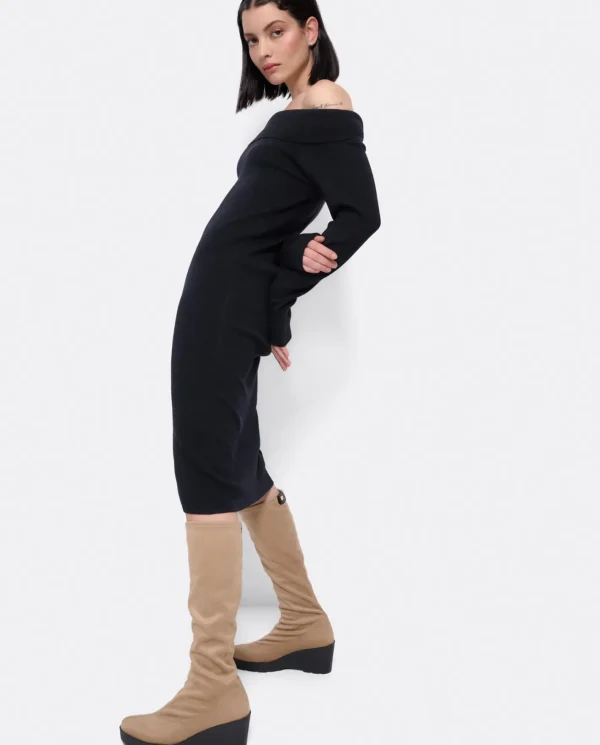 Cuplé Vestido Midi Escote Drapeado Punto Negro^Mujer Vestidos
