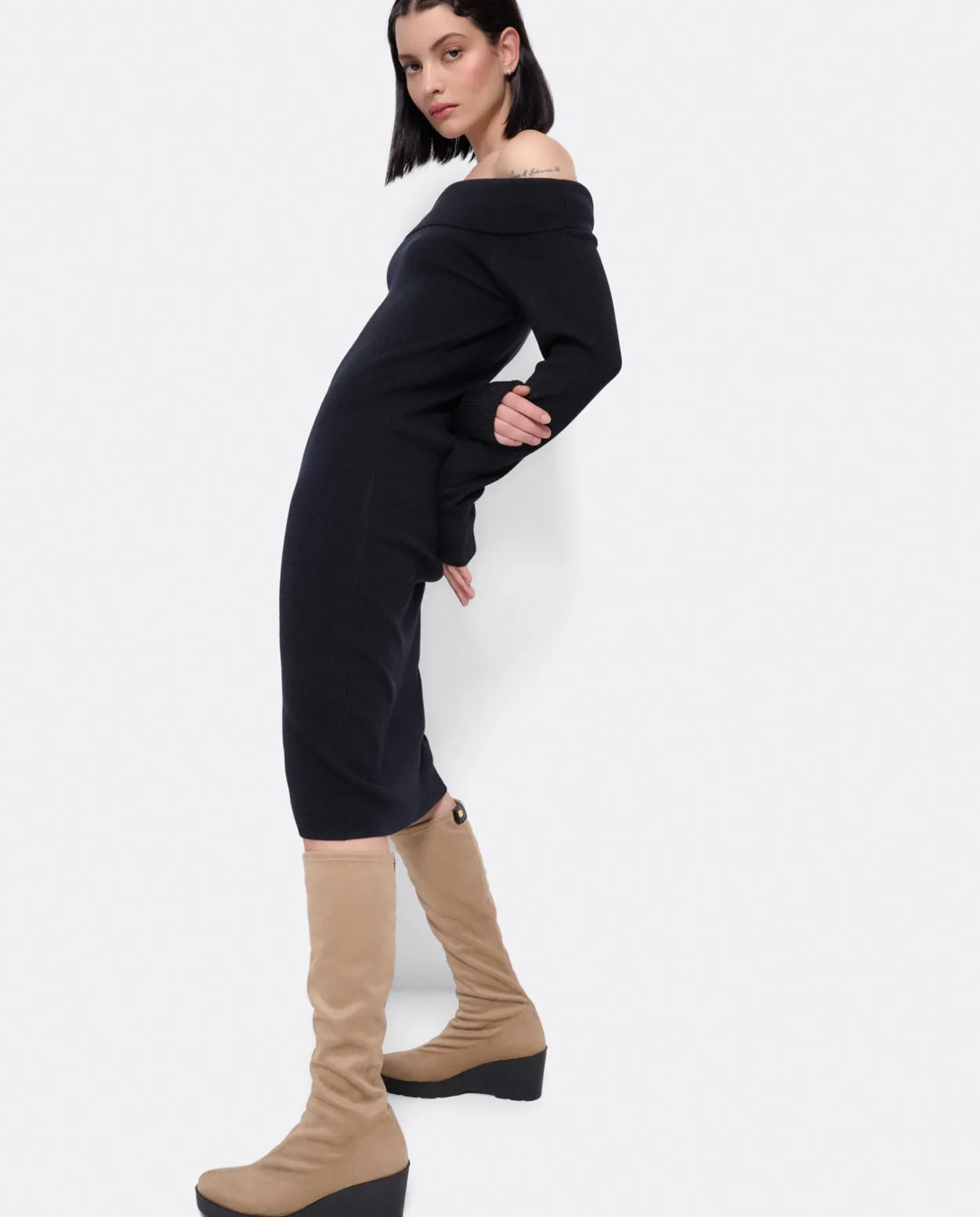 Cuplé Vestido Midi Escote Drapeado Punto Negro^Mujer Vestidos
