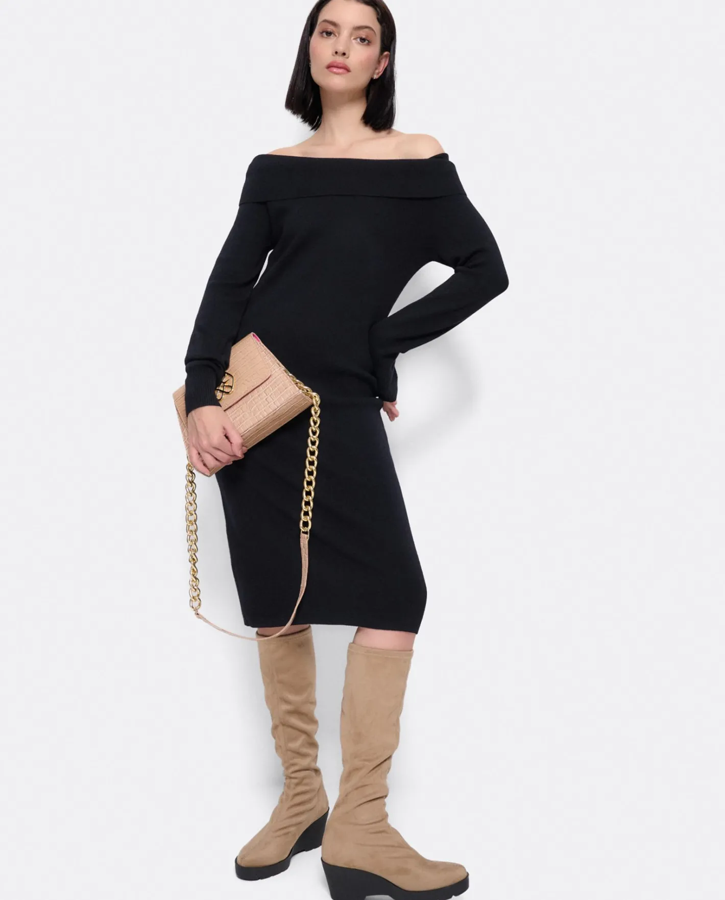 Cuplé Vestido Midi Escote Drapeado Punto Negro^Mujer Vestidos