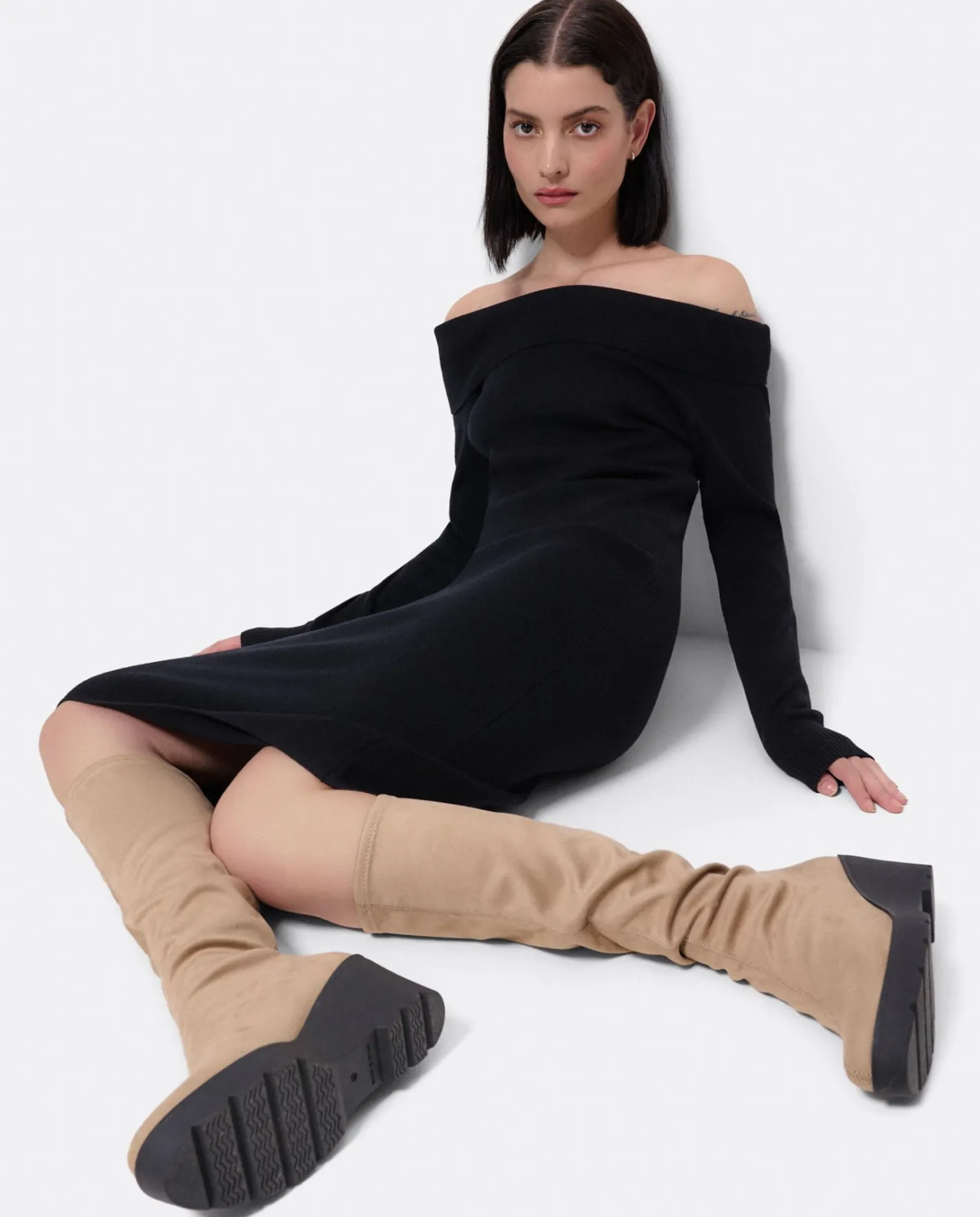Cuplé Vestido Midi Escote Drapeado Punto Negro^Mujer Vestidos
